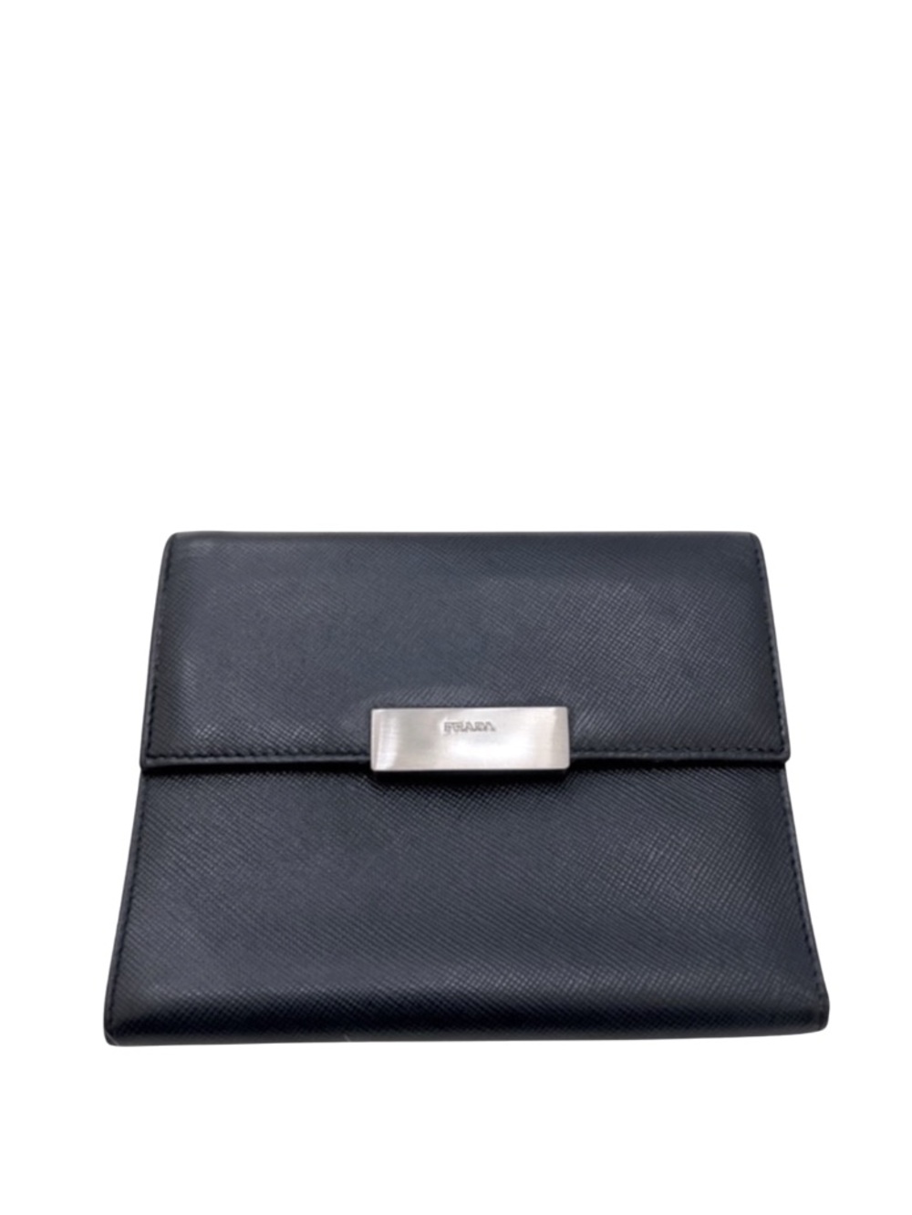 PRADA - BLUE SAFFIANO LEATHER COMPACT TRIFOLD SNAP WALLET